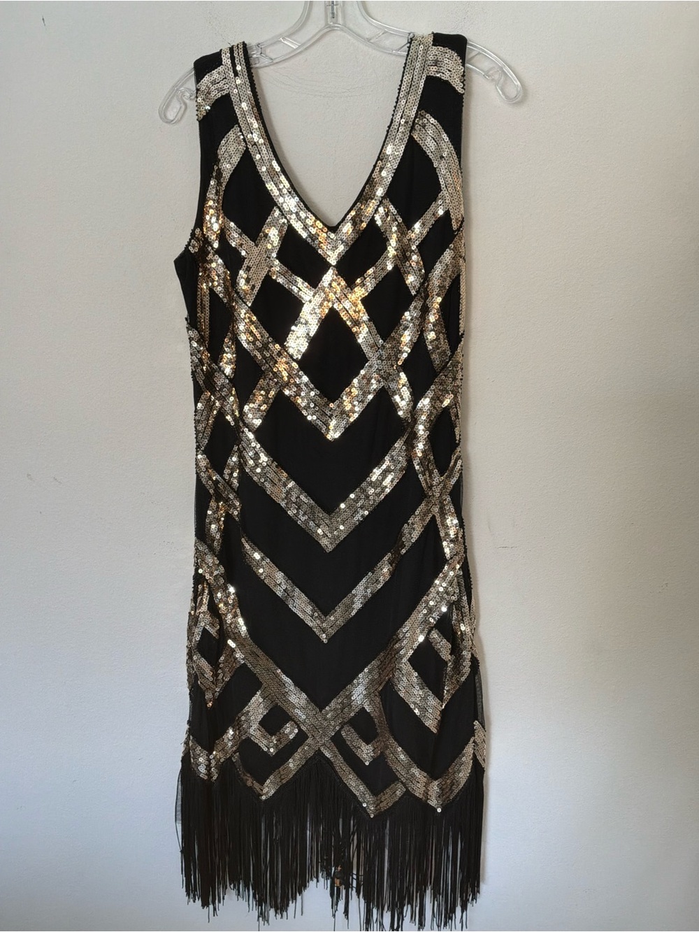 Black Gold Sequin Art Deco Flapper Fringe Dress Size XL Gatsby Cocktail Party
